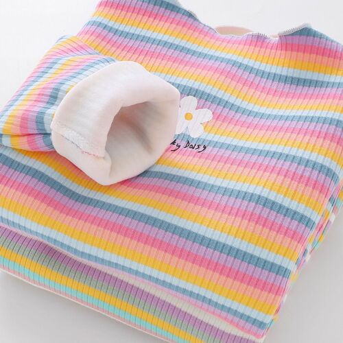 Girls' Spring and Autumn Outfit New Rainbow Striped Baby Long Sleeve T-Shirt Children's Autumn and Winter Outfit Fleece Top Trendy