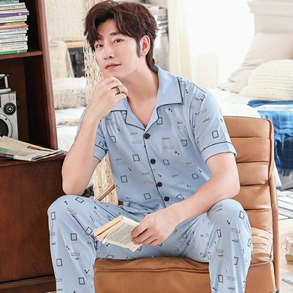 Pijamas de hombre ropa de verano 100% algodón pantalones de manga corta chaqueta juvenil traje de homewear delgado de mediana edad