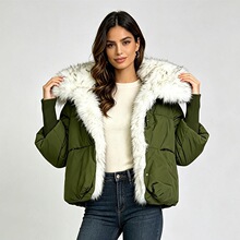 感气质毛毛拼接长袖棉服女冬季抽绳加厚短款棉服外套