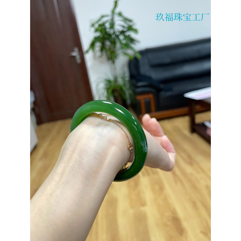 Xinjiang Hetian Jade Jasper Bracelet Women's Fat Round Strip Spinach Green Natural Genuine Jade Ice Bottom Real Jade Bracelet