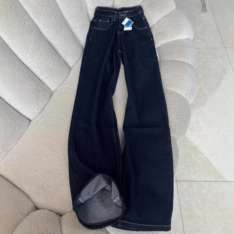 American Retro Dark Blue Bootcut Jeans for Women in Autumn, High-Waisted, Loose, Slimming, Floor-Length Wide-Leg Pants That Show Longer Legs