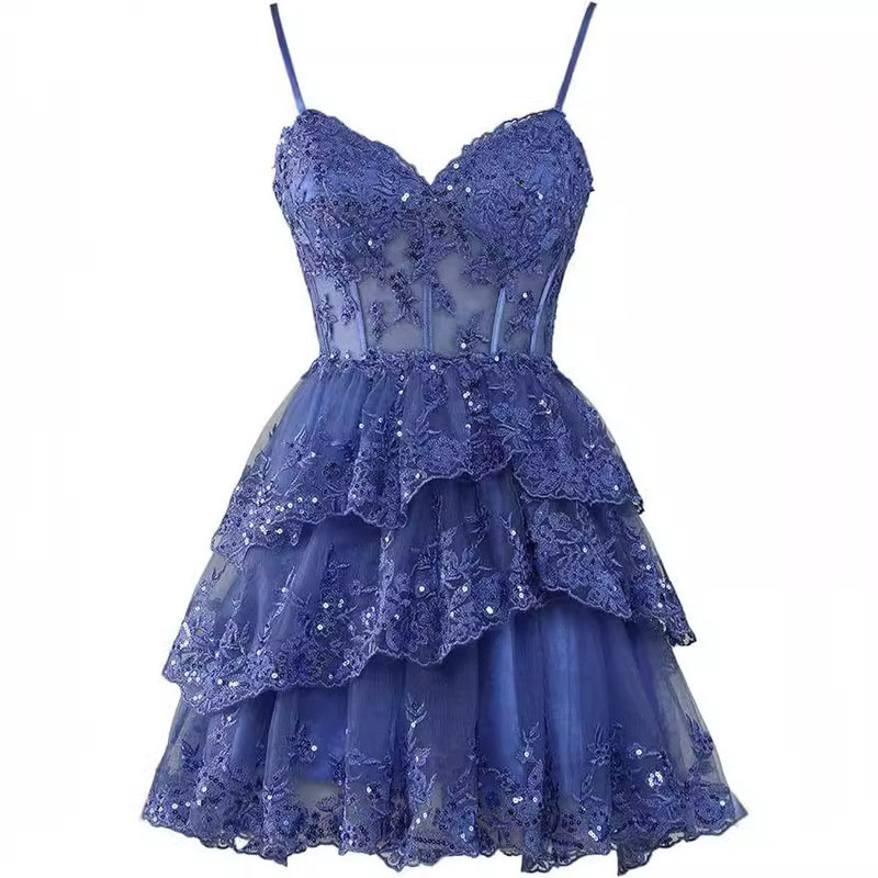 Thin Strap Tulle Evening Gown, Short Sequined Lace Fitted Dress with a High-End Feel Thin Strap Tulle Evening Gown, Short Sequined Lace Fitted Dress with a High-End Feel