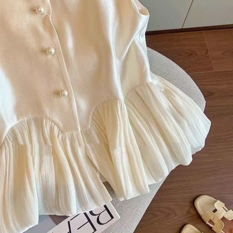 法式珠光网纱拼接无袖上衣女夏季2025新款温柔小香风显瘦马甲背心|undefined