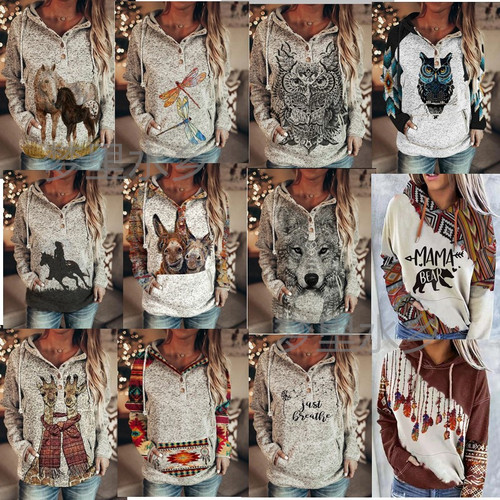 Women's Long-Sleeve Patterned Print Hooded Sweatshirt with Relaxed Urban Leisure Style, Pure Color, Fall Edition, European and American Style