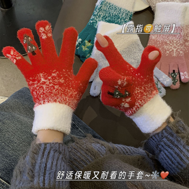 可爱圣诞红色露指触屏毛绒针织五指手套女冬季保暖加绒厚防寒骑行