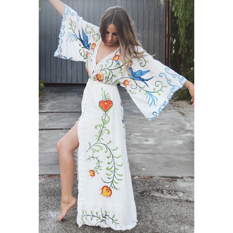 European And American New Flower Embroidery V-neck Big Bell-sleeved Goddess Long Skirt Dress