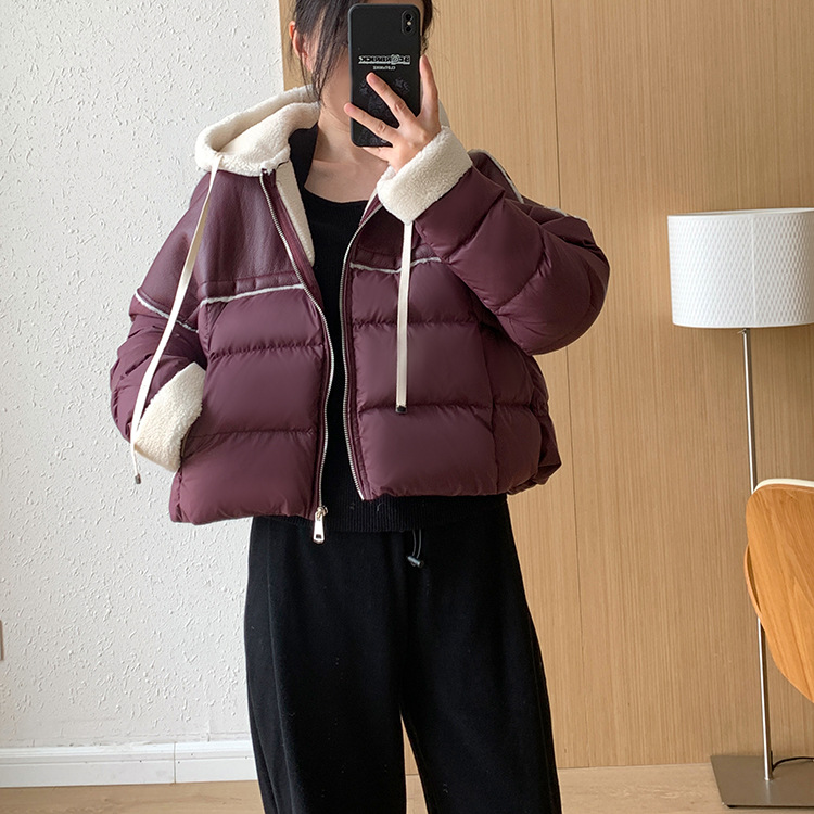 Giacca corta europea in piumino per donna stile corto cuciture colore a contrasto pelle PU leggera lusso alta qualità maglione largo 2024 nuovo inverno_voghion.com