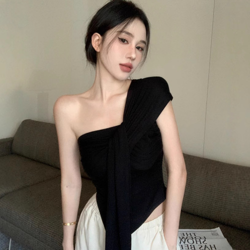 Ins Pure Desire Sexy Off-the-Shoulder Asymmetrical Pleated Bodycon Sleeveless Top for Women Trendy