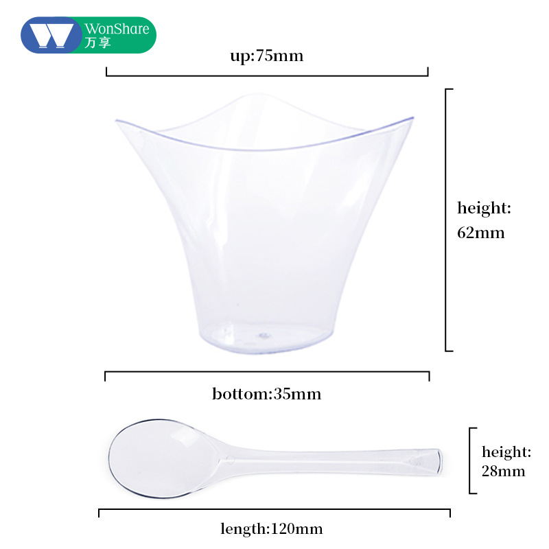Taza de mousse de 100ml PS de plástico transparente 3,4 oz taza de pudín en caja taza irregular con cuchara en stock transfronterizo