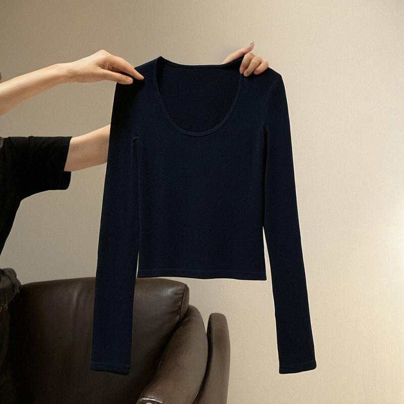 Black U-Neck Right Shoulder Long-Sleeved Top T-Shirt for Women 2025 New Autum Slimming Look Bottoming Shirt Inner Wear