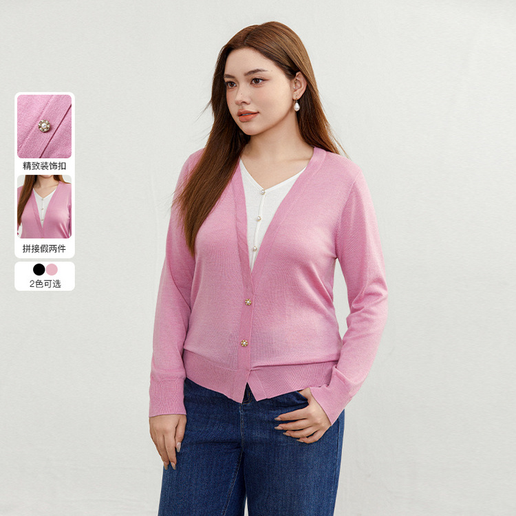 Fiber shows the large-size women's clothing design sense V-neck temperament to make you look slim and fake two-piece sweater fat mm2024 spring clothing new style