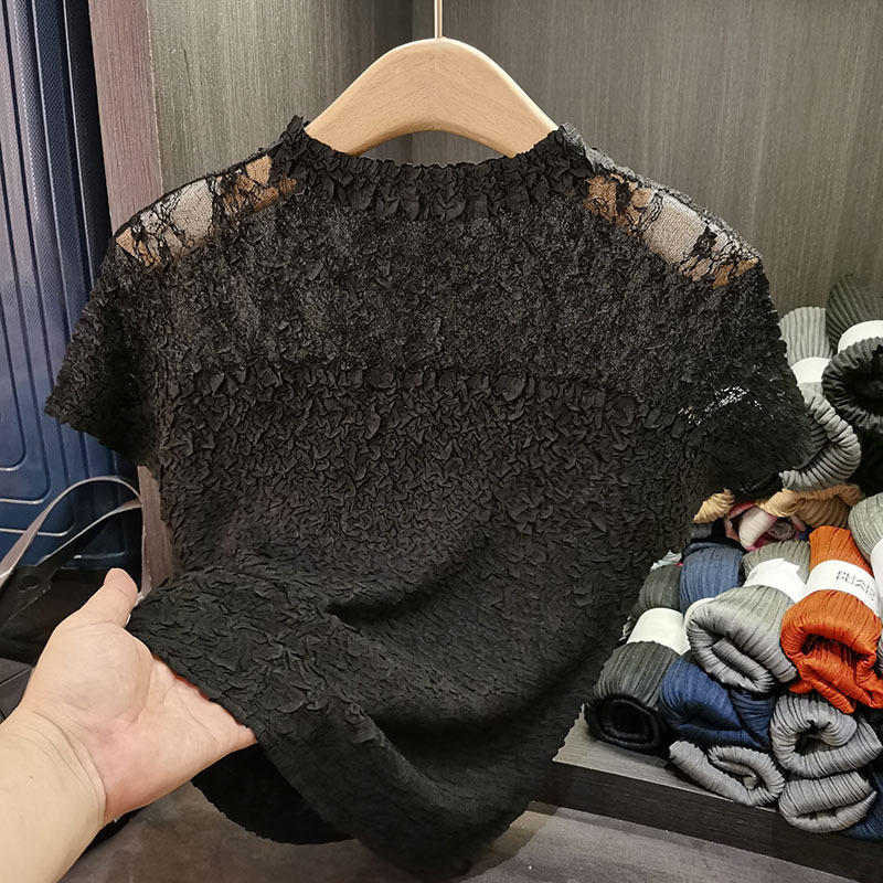 Lace Design Stitching Crewneck T-shirt Women's Summer New Fashion Solid Color Pleated Short Sleeve Loose All-match Top