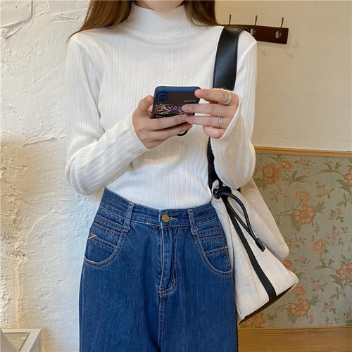 New autumn design, niche, half-high collar, pit strip, long-sleeved shirt, women's elastic slimming knitted base shirt
