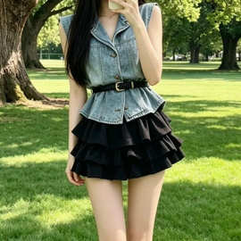 无袖上衣女夏薄款小个子设计感复古百搭短款收腰系带牛仔马甲衬衫