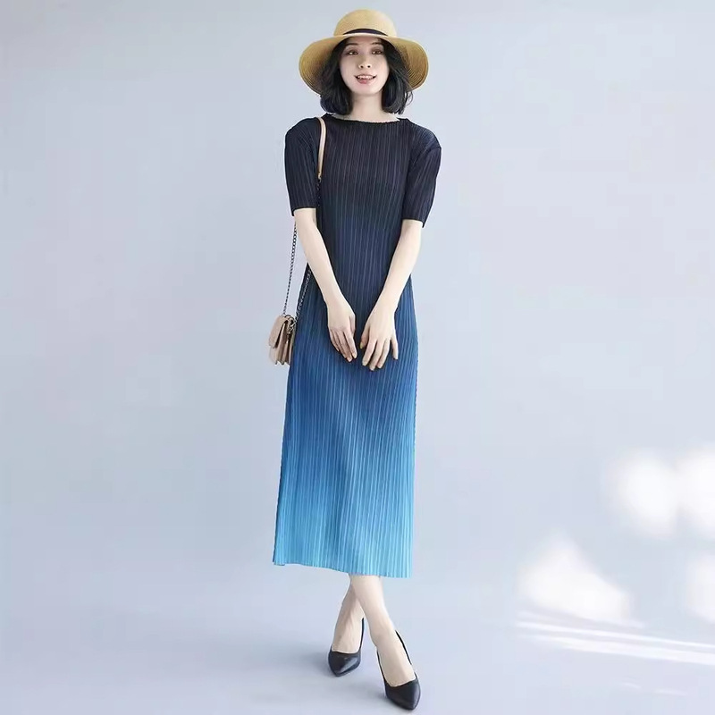 Miyake Pleats 2026 New Summer Style Long Dress for Women, Elegant Niche Design, Gradient Color A-Line Dress