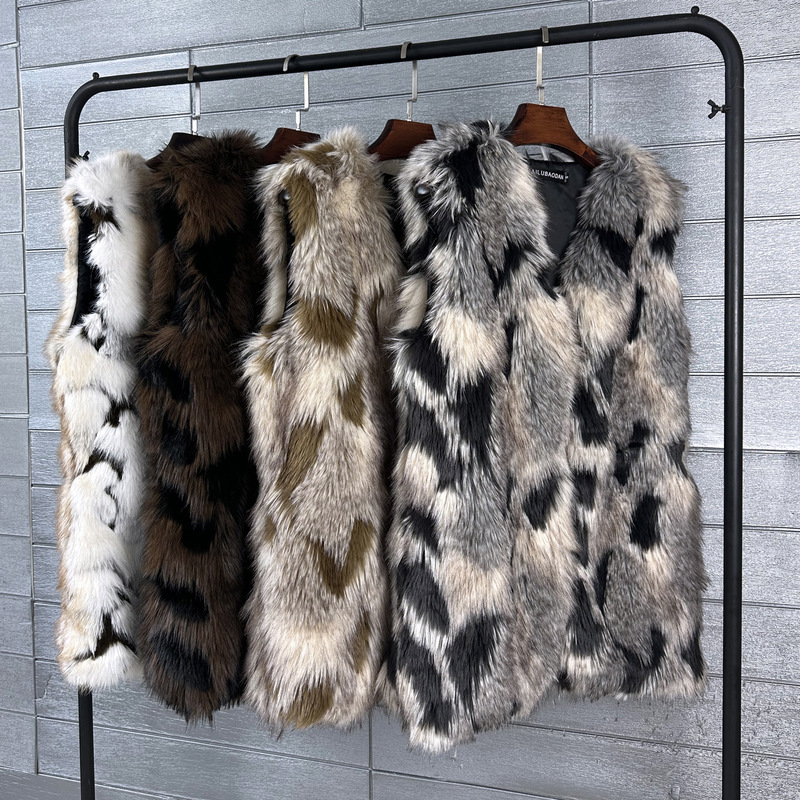 European and American Imitation Fox Fur Splicing Contrasting Color Dyed Tip Winter Mid-Length Imitation Fur Vest Warm and Soft for Women