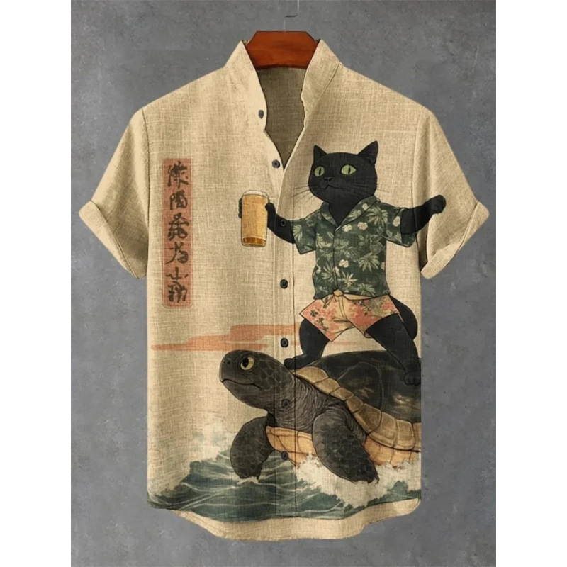 Popular Men's Black Cat 3D Printed Shirt, Casual Stand-Up Collar Bamboo Linen Retro Shirt, Direct Supply from the Factory Popular Men's Black Cat 3D Printed Shirt, Casual Stand-Up Collar Bamboo Linen Retro Shirt, Direct Supply from the Factory