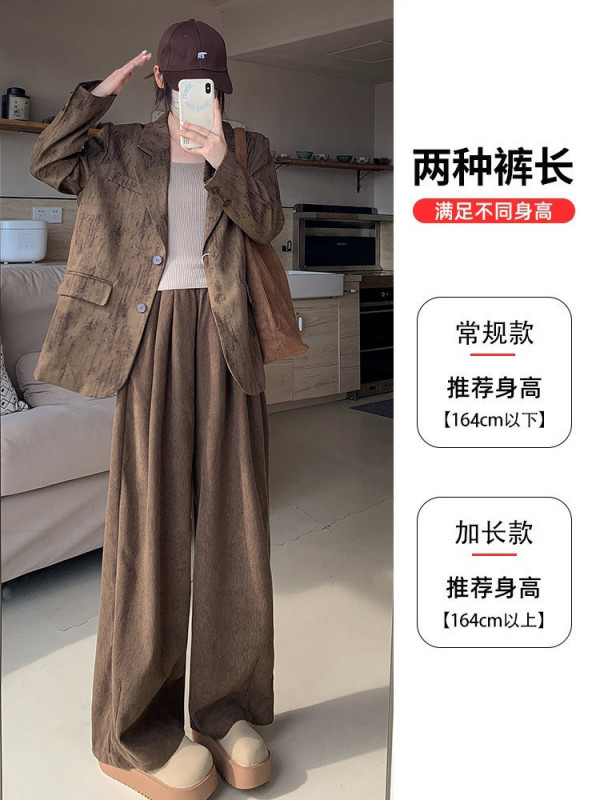 棕咖色雪尼尔阔腿裤女春秋2025新款高腰垂感秋冬直筒休闲加绒裤子|undefined