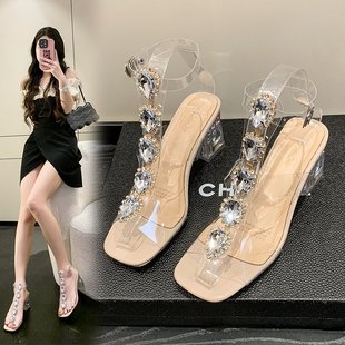 Transparent high heels women's summer 2025 new fashion block heel strap super fairy sandals crystal heel rhinestone fairy shoes