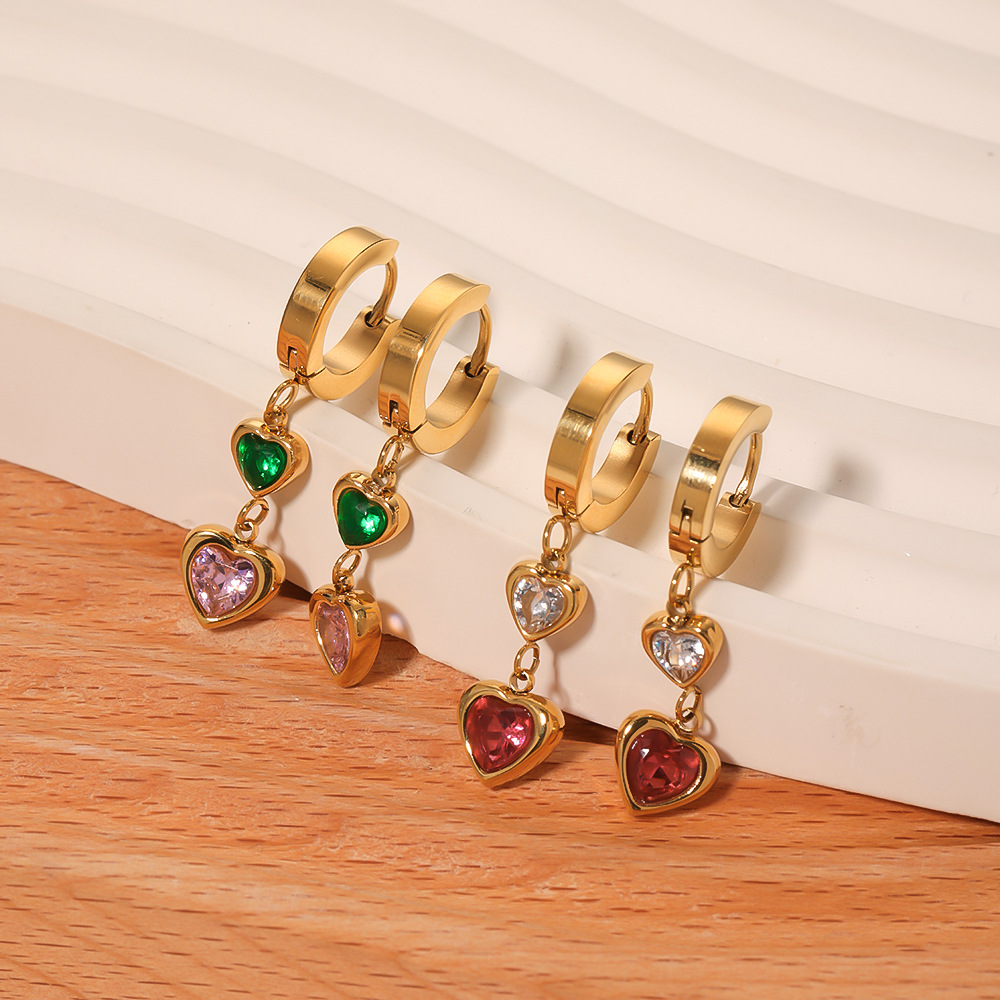 304 Stainless Steel Ear Needle Material 18K Gold Plated Plating Material 1 Pair Elegant Retro Geometric Heart Shape Plating Inlay Stainless Steel Zircon 18K Gold Plated Drop Earrings