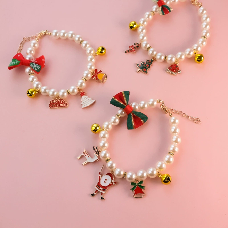 Санта-Клаус Лук Специальное предложение Трансграничный ошейник для домашних животных Amazon Котенок Собака Колокольчик Жемчужное ожерелье Милое