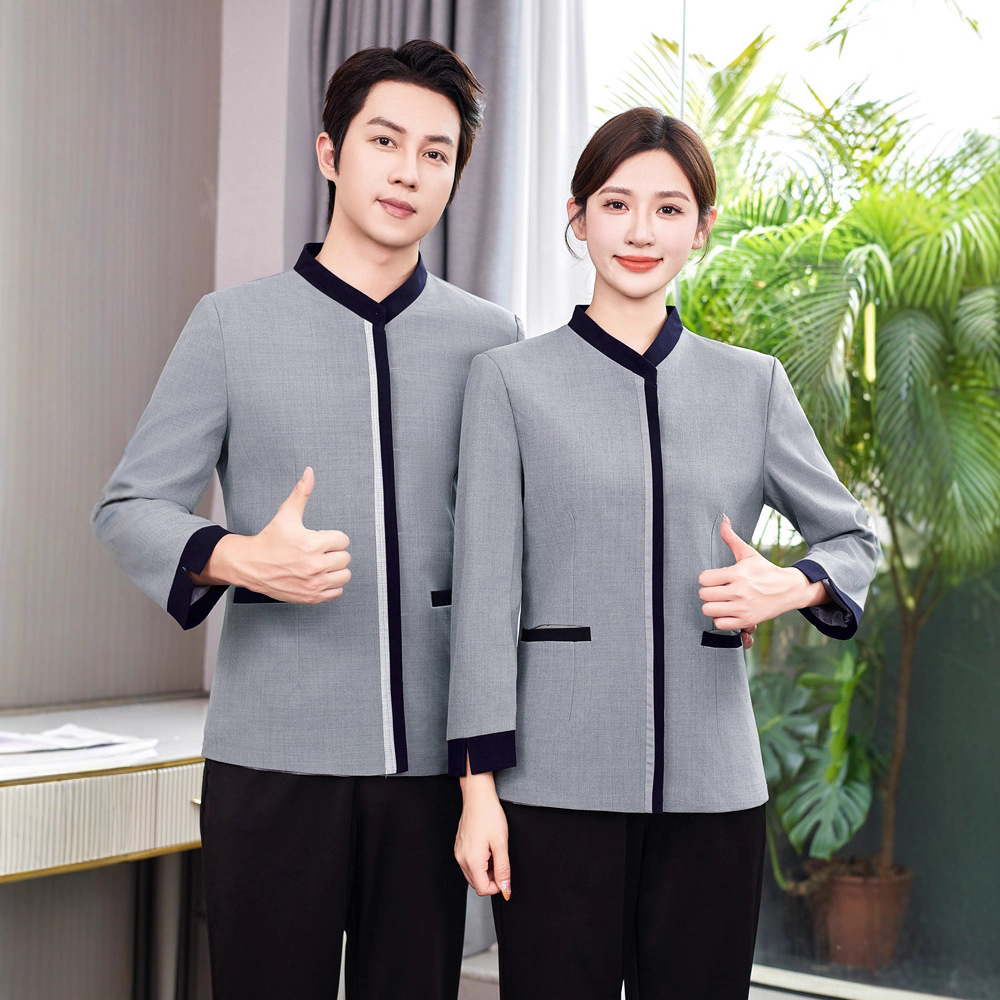 门襟撞色九分袖保洁工作服冬季长袖女酒店客房宾馆保洁服物业清洁