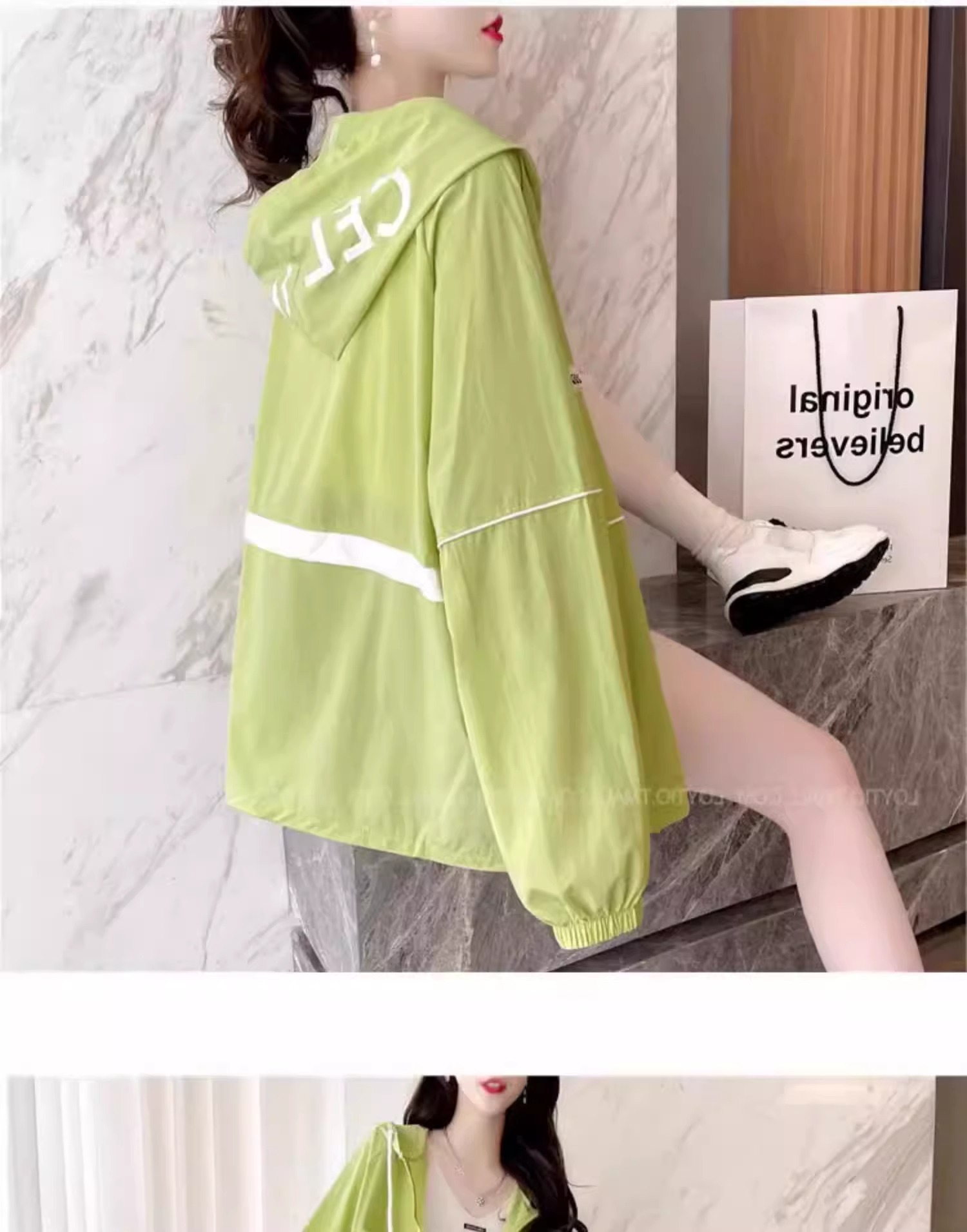 Áo chống nắng nữ dáng rộng có mũ, mỏng thoáng khí mùa hè, phong cách thể thao đa năng — Màu hồng chi tiết 9