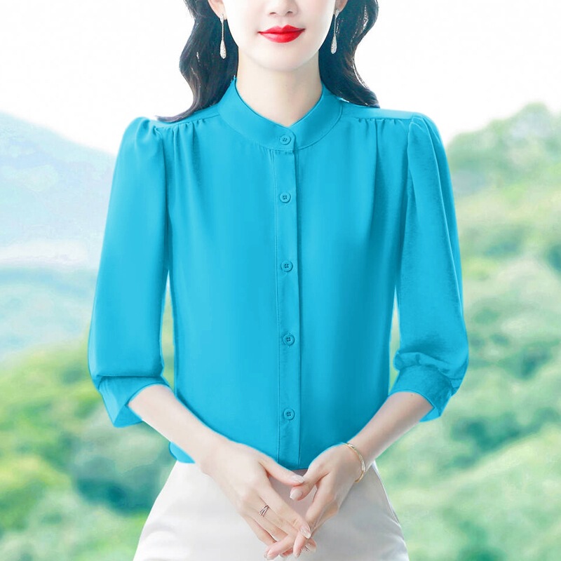 2026 Spring and Summer New Stylish Solid Color Three-Quarter Sleeve Shirt Versatile Silk Chiffon Blouse Women's Top Wholesale 2026 Spring and Summer New Stylish Solid Color Three-Quarter Sleeve Shirt Versatile Silk Chiffon Blouse Women's Top Wholesale