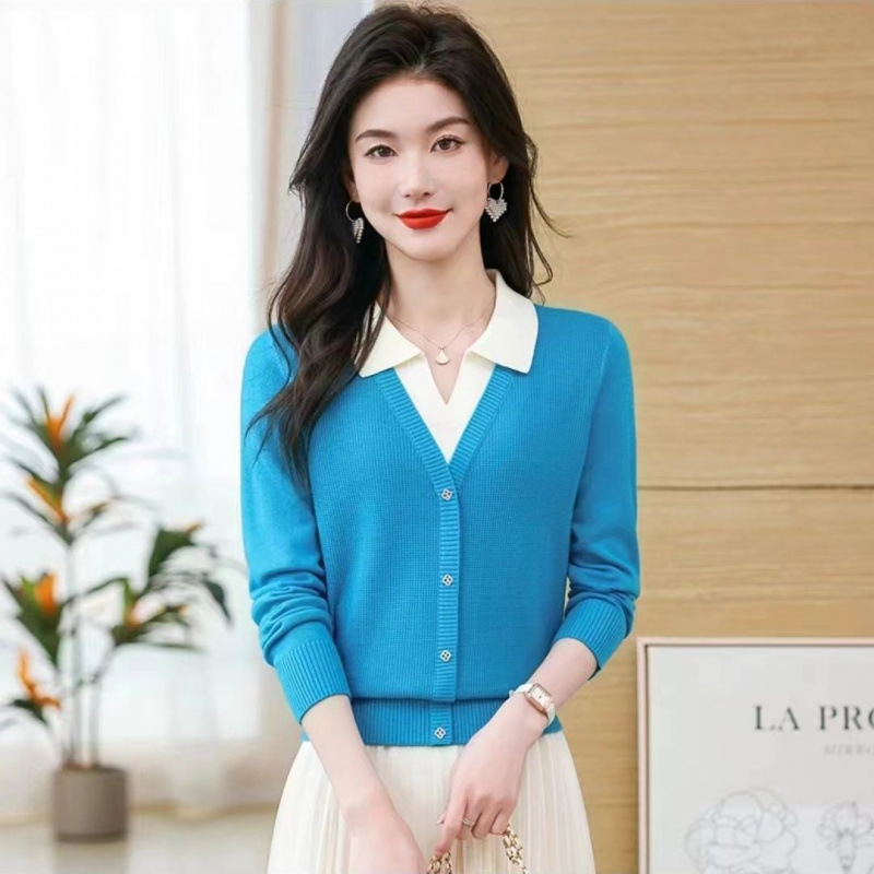 Falsas dos piezas de polo de cuello jersey suéter de mujer otoño y invierno nuevo color de alto grado caliente coreano corto top