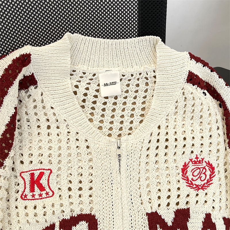 Unisex Retro Letter Print Mesh Knit Cardigan - Breathable Summer T-Shirt Jacket For Men & Women​_voghion.com