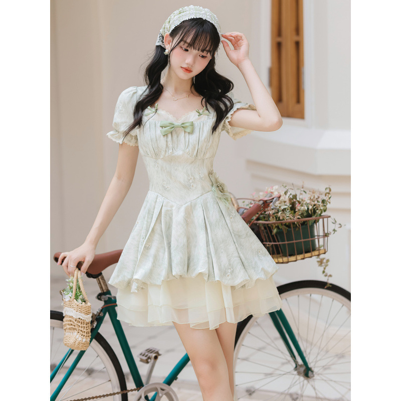 Lime Green Ice Coconut Lace Puff Sleeve Short Sleeve Mesh Patchwork Bow Square Neck Puffy Dress for Women 2026 Summer Lime Green Ice Coconut Lace Puff Sleeve Short Sleeve Mesh Patchwork Bow Square Neck Puffy Dress for Women 2026 Summer