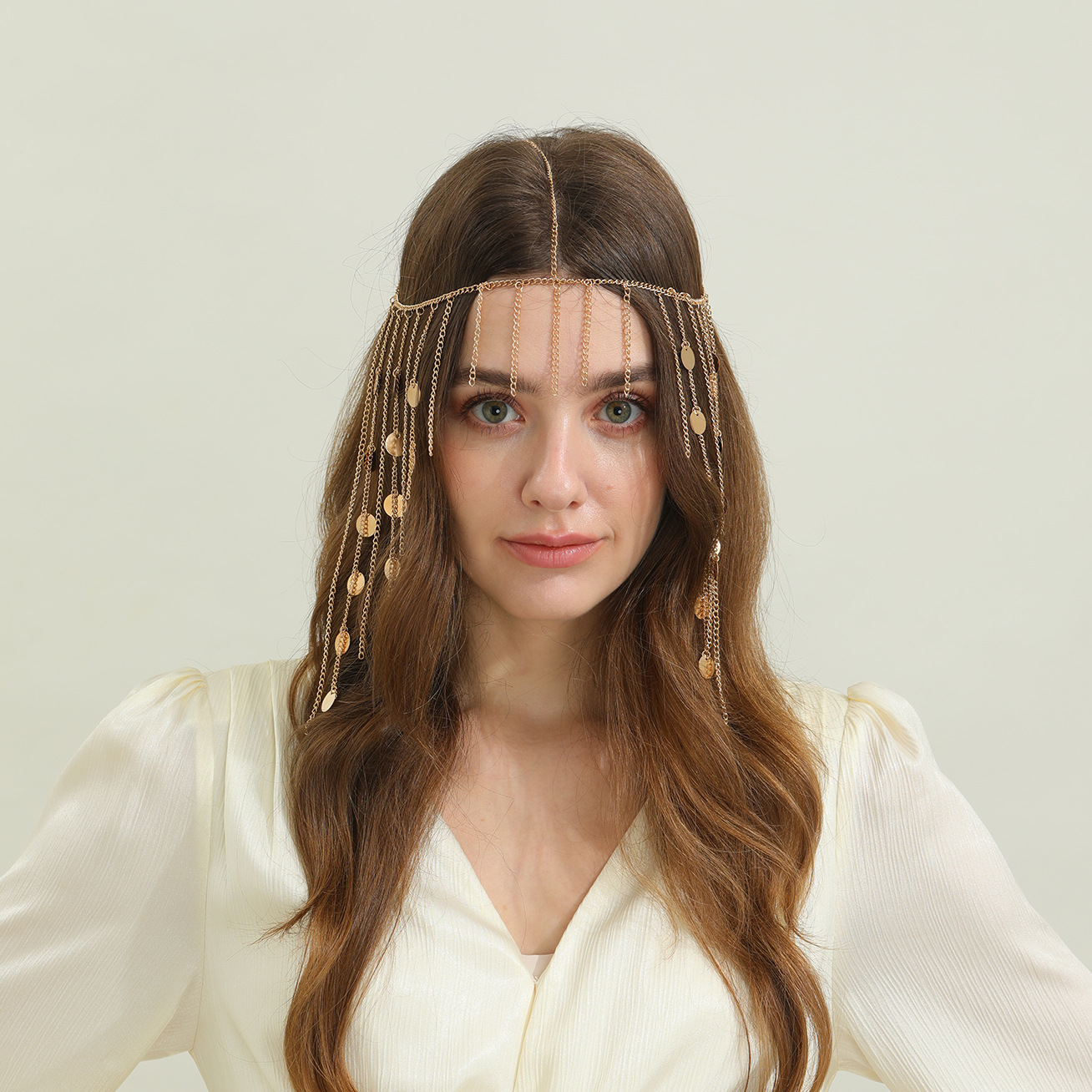 Cross-Border Ethnic Style Golden Tassel Sequin Headband Trendy Geometric Hair Chain Travel Photo Accessories for Women