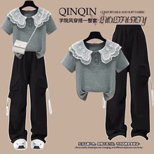 蕾丝娃娃领短袖T恤2025夏季新款初高中学生洋气学院风工装裤套装