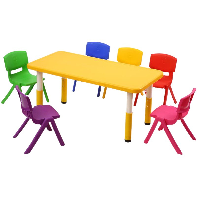 Liftable Toddler Six-Person Plastic Table Children's Table and Chair Rectangular Table Kindergarten Plastic Table and Chair Learning Table and Chair