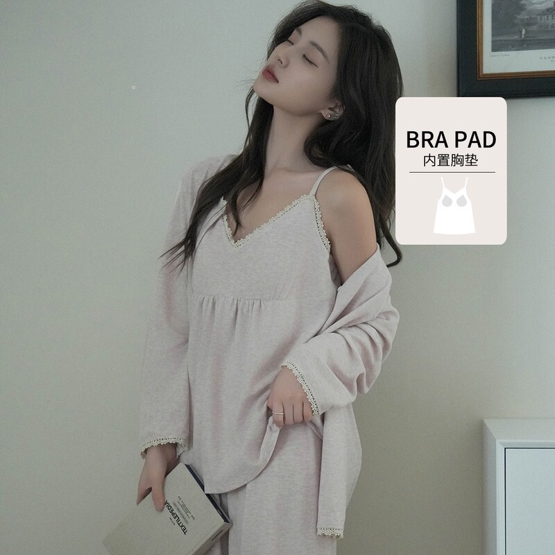 7586 Home Nightgown Three-piece Set suit Cardigan Long-sleeved Casual Sling Girly Sense Home Autumn and Winter Warm Cashmere