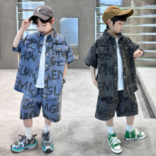 童装套装2025夏季男童牛仔印花短袖衬衫两件套韩版儿童洋气套装潮