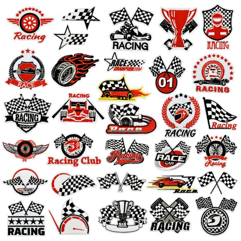 Cross-border Cartoon Cloth Sticker Motorcycle Personality Decoration Embroidery Racing Car Graffiti Black and White Party Theme String Flag Patch