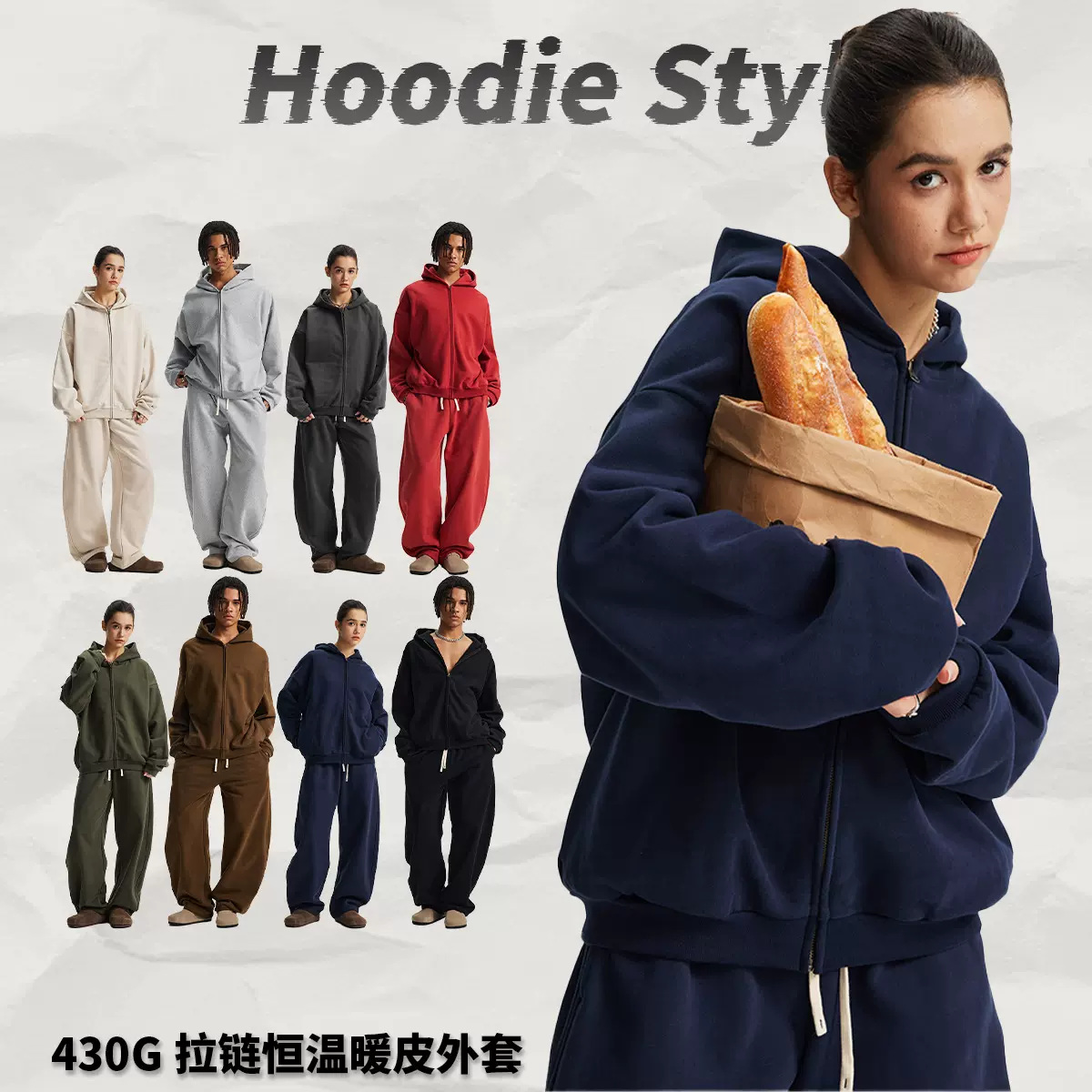 2025秋冬新款YKK拉链开衫外套 430G加绒加厚恒温暖皮连帽男卫衣