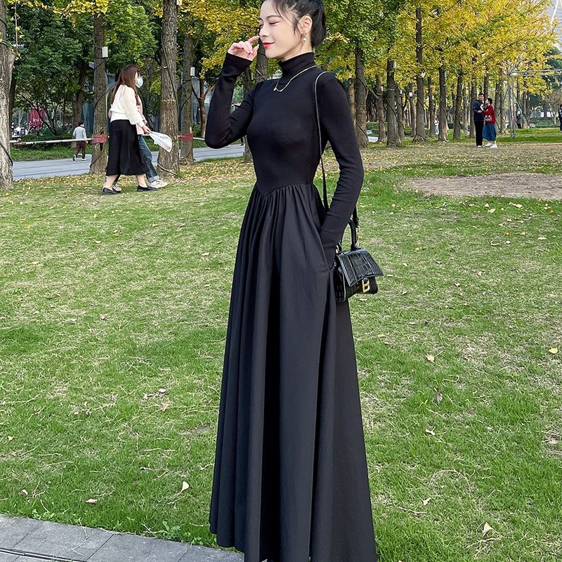 黑色赫本风高领连衣裙女2025秋装感收腰显瘦气质长裙大摆裙子|undefined
