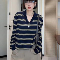 复古撞色条纹针织长袖t恤女夏季穿搭宽松薄款防晒罩衫Polo衫上衣