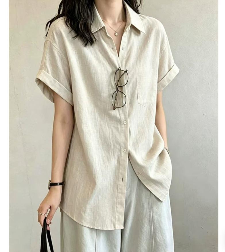 Áo sơ mi nữ linen tay ngắn phong cách cổ điển, thiết kế rộng rãi thoải mái — màu trắng, màu mơ chi tiết 2