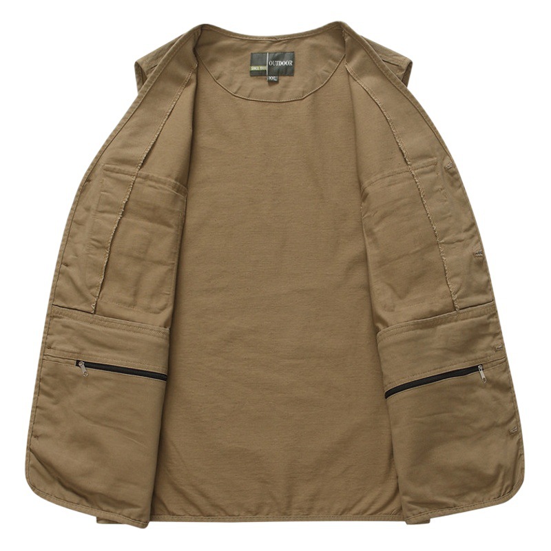 Chaleco de exportación con cuello en V para hombre, con múltiples bolsillos, talla grande, estilo con botones, algodón puro, color sólido, chaleco informal para trabajo, deportivo.