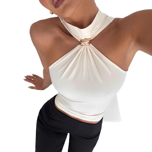 Spring and summer women's high-necked metal ring sleeveless strapless elastic vest