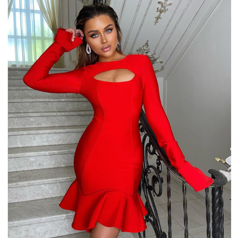 2025 Foreign Trade Women's Long-Sleeved Cut Out Ruffle Mini Sexy European and American Nightclub Dress Cross-Border Supply
