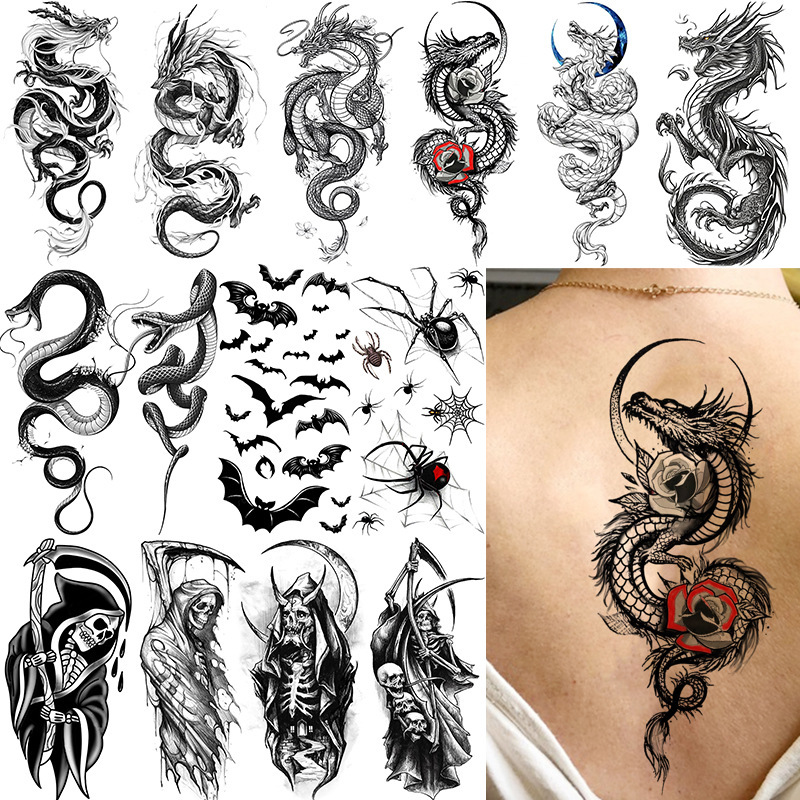 Cross-Border Black and White Snake and Dragon Skull Tattoo Stickers Waterproof Temporary Tattoo Stickers for Arms and Legs