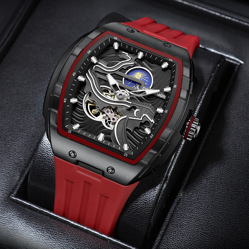 Yeni erkek mekanik saat şarap fıçısı içi boş otomatik saat gece kızdırma su geçirmez erkek saati sıcak satış silikon bant spor saat_voghion.com