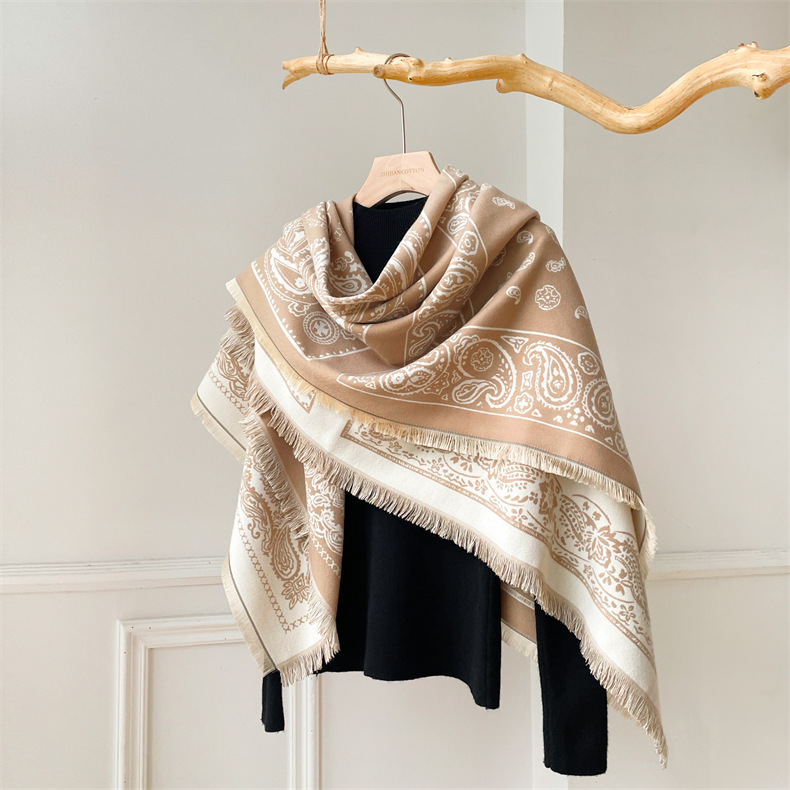 Predimenzionirani kašmirski kvadratni šal u etničkom stilu, ženski debeli šal s resicama, topli šal s cvijetom indijskih oraščića_voghion.com