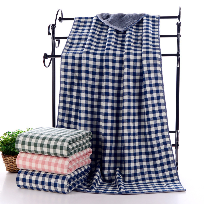 Plaid double-sided bath towel adult gauze and Terry high-grade cotton bath towel beach towel factory embroidered logo Plaid double-sided bath towel adult gauze and Terry high-grade cotton bath towel beach towel factory embroidered logo