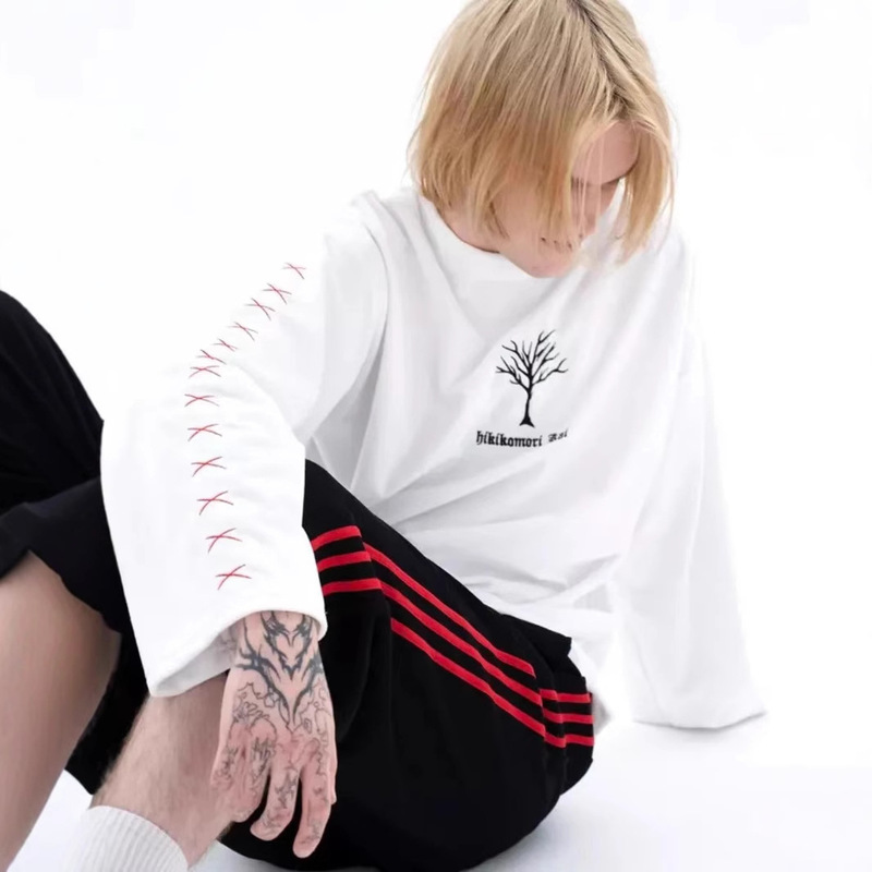 2024 Spring and Autumn All-match Personalized National Fashion Street Pure Cotton Long-sleeved T-shirt Casual Loose Fashion Cool Top