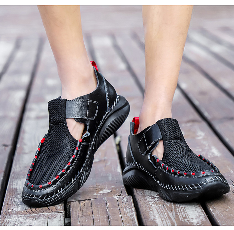 Cross-border plus-size men's sandals 2021 Summer new style mesh shoes, perforated breathable cowhide outdoor sports wading slippers undefined